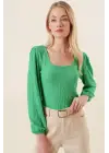 0442 Uzun Kollu Bluz - Yeşil