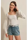 0465 Balon Kollu Örme Bluz - Beyaz