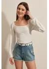 0465 Balon Kollu Örme Bluz - Beyaz