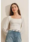 0465 Balon Kollu Örme Bluz - Beyaz