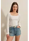 0465 Balon Kollu Örme Bluz - Beyaz