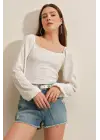0465 Balon Kollu Örme Bluz - Beyaz