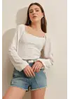 0465 Balon Kollu Örme Bluz - Beyaz