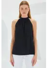 0489 Halter Yaka Örme Bluz - Siyah