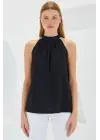 0489 Halter Yaka Örme Bluz - Siyah