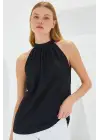 0489 Halter Yaka Örme Bluz - Siyah