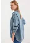 0694 Çift Cepli Oversize Denim Ceket - Buz Mavi