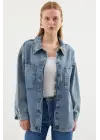 0694 Çift Cepli Oversize Denim Ceket - Buz Mavi