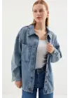0694 Çift Cepli Oversize Denim Ceket - Buz Mavi