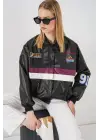 0698 Baskılı Suni Deri Bomber Ceket - Bordo