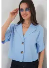 0706 Crop Keten Ceket - Mavi