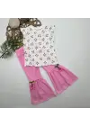 1-2-3-4 Yaş Kiraz Baskılı Tişört İspanyol Paçalı Likralı 2li Kız Çocuk Takımı Pembe