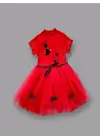 Omarı Sevimli Uğur Böceği Nakışlı Kırmızı Kız Çocuk Elbisesi