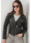 1025 Suni Deri Biker Ceket - Siyah