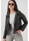 1025 Suni Deri Biker Ceket - Siyah
