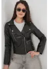 1025 Suni Deri Biker Ceket - Siyah