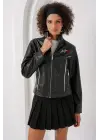 1041 Dik Yaka Suni Deri Ceket - Siyah