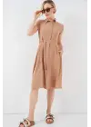 1677 Boydan Düğmeli Kuşaklı Elbise - Bisküvi