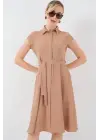 1677 Boydan Düğmeli Kuşaklı Elbise - Bisküvi