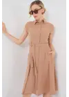 1677 Boydan Düğmeli Kuşaklı Elbise - Bisküvi