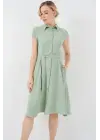 1677 Boydan Düğmeli Kuşaklı Elbise - E.Yeşil