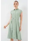 1677 Boydan Düğmeli Kuşaklı Elbise - E.Yeşil
