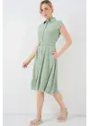 1677 Boydan Düğmeli Kuşaklı Elbise - E.Yeşil