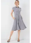 1677 Boydan Düğmeli Kuşaklı Elbise - Gri