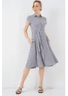 1677 Boydan Düğmeli Kuşaklı Elbise - Gri