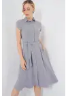 1677 Boydan Düğmeli Kuşaklı Elbise - Gri