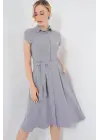 1677 Boydan Düğmeli Kuşaklı Elbise - Gri