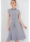 1677 Boydan Düğmeli Kuşaklı Elbise - Gri
