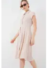 1677 Boydan Düğmeli Kuşaklı Elbise - Krem