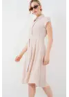 1677 Boydan Düğmeli Kuşaklı Elbise - Krem