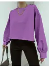 Omarı Yumuşak Dokulu Oversize Crop Sweatshirt - Leylak