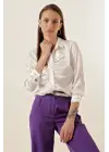 20112 Büzgülü Saten Gömlek - Beyaz