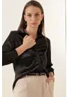 20112 Büzgülü Saten Gömlek - Siyah