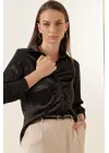 20112 Büzgülü Saten Gömlek - Siyah