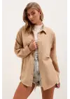 20153 Tek Cepli Oversize Keten Gömlek - A.Bej