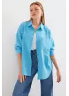 20153 Tek Cepli Oversize Keten Gömlek - Açık Mavi