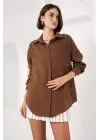 20153 Tek Cepli Oversize Keten Gömlek - A.Kahve
