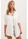 20153 Tek Cepli Oversize Keten Gömlek - Beyaz