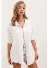 20153 Tek Cepli Oversize Keten Gömlek - Beyaz