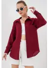 20153 Tek Cepli Oversize Keten Gömlek - Bordo