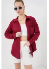 20153 Tek Cepli Oversize Keten Gömlek - Bordo