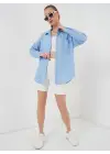 20153 Tek Cepli Oversize Keten Gömlek - Buz Mavi