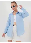 20153 Tek Cepli Oversize Keten Gömlek - Buz Mavi