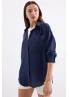 20153 Tek Cepli Oversize Keten Gömlek - D.Lacivert