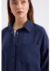 20153 Tek Cepli Oversize Keten Gömlek - D.Lacivert
