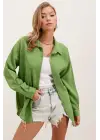 20153 Tek Cepli Oversize Keten Gömlek - E.Yeşil
